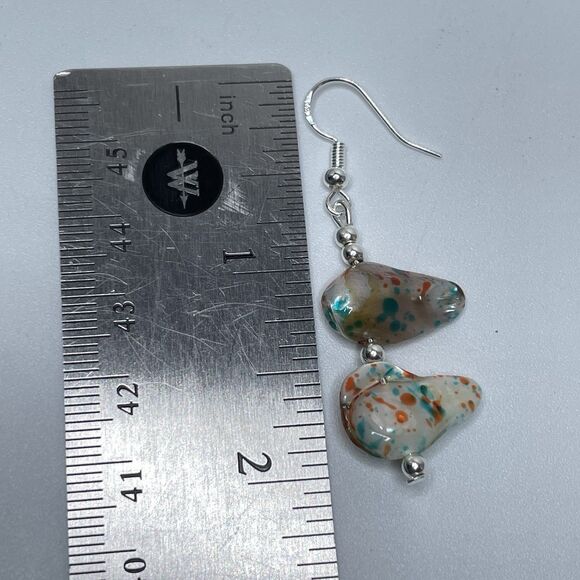Silver Plated Confetti Dyed Bourque Pearl Beaded Dangle Earrings Boho Unique - Picture 7 of 7